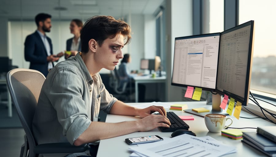 Tired office worker showing signs of sleep deprivation and exhaustion at desk