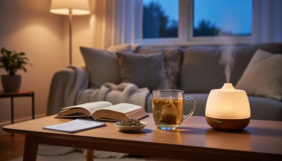 Relaxing bedtime scene with herbal tea, book and lavender on bedside table