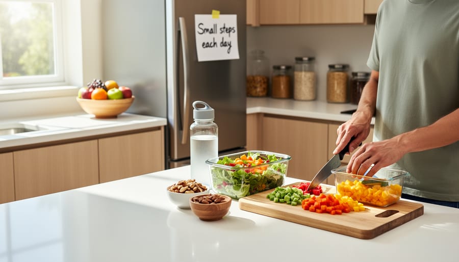 Overhead view of hands preparing fresh vegetables on wooden counter with meal prep containers
