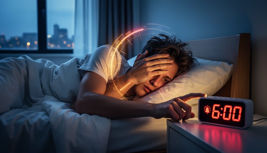 Woman waking up tired in bed reaching for alarm clock in morning sunlight