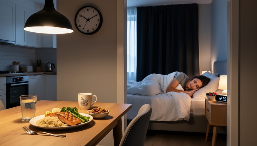 Healthy dinner plate with salmon and vegetables served at optimal evening timing