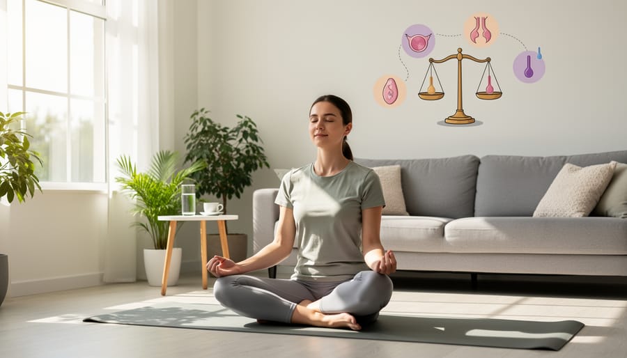 Woman meditating on yoga mat in peaceful bedroom with natural morning light