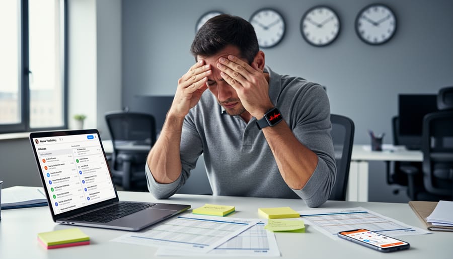 Stressed professional at desk surrounded by notes and calendar pages