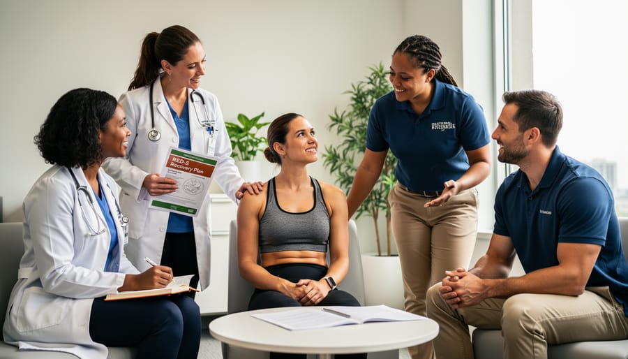 Healthcare provider consulting with athlete in supportive clinical setting