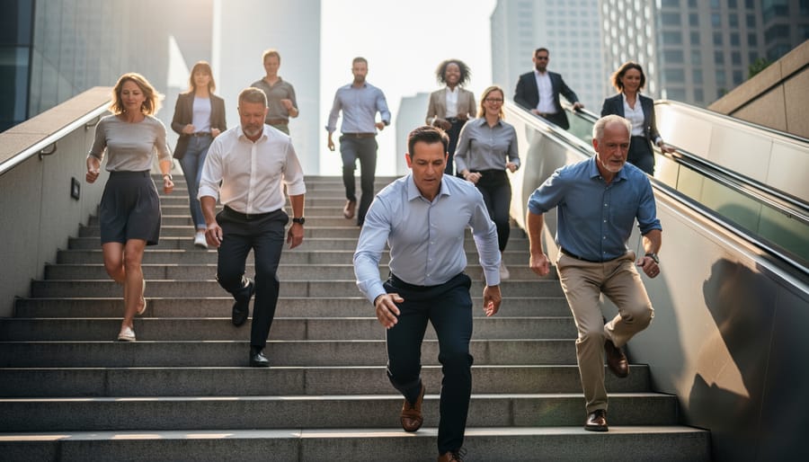 Woman energetically climbing office stairs as part of vigorous intermittent lifestyle physical activity