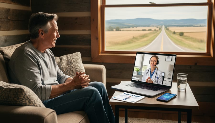 Person in rural home accessing virtual addiction counseling through smartphone video call