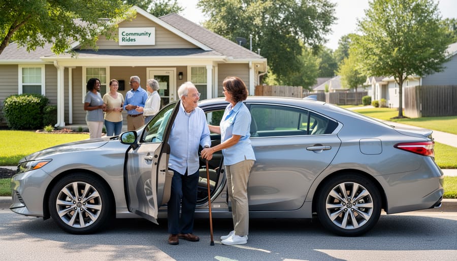 Volunteer driver assisting senior woman into passenger seat of car