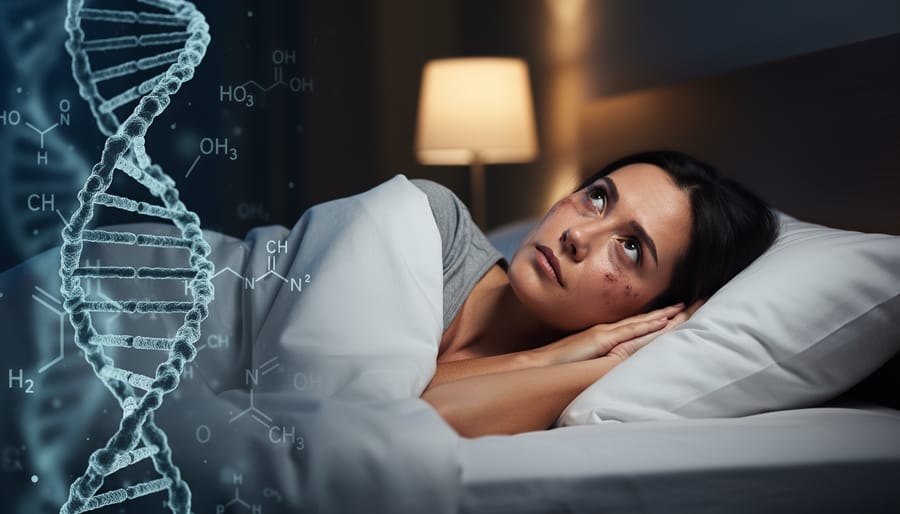 Woman lying awake in bed at night unable to sleep