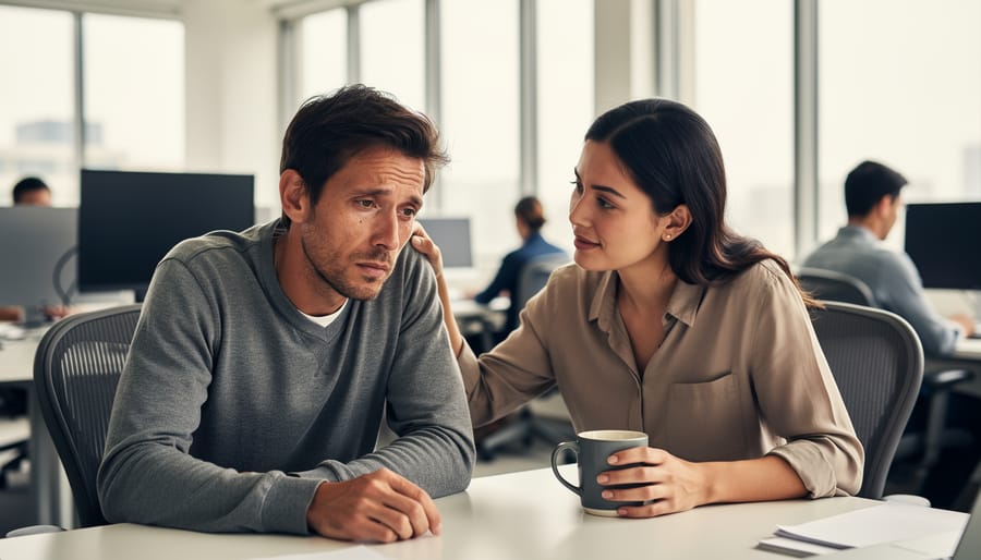 Two coworkers having supportive conversation with hands on desk