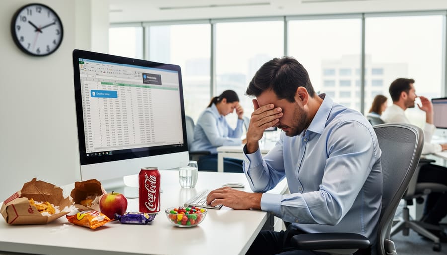 Office worker experiencing afternoon energy slump at desk with unfinished lunch