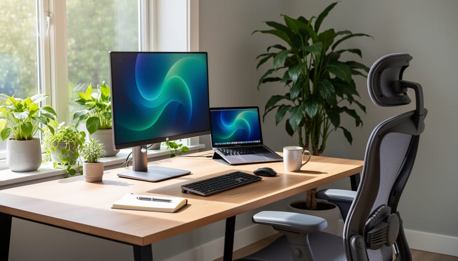 Clean organized home office workspace with natural light and houseplant