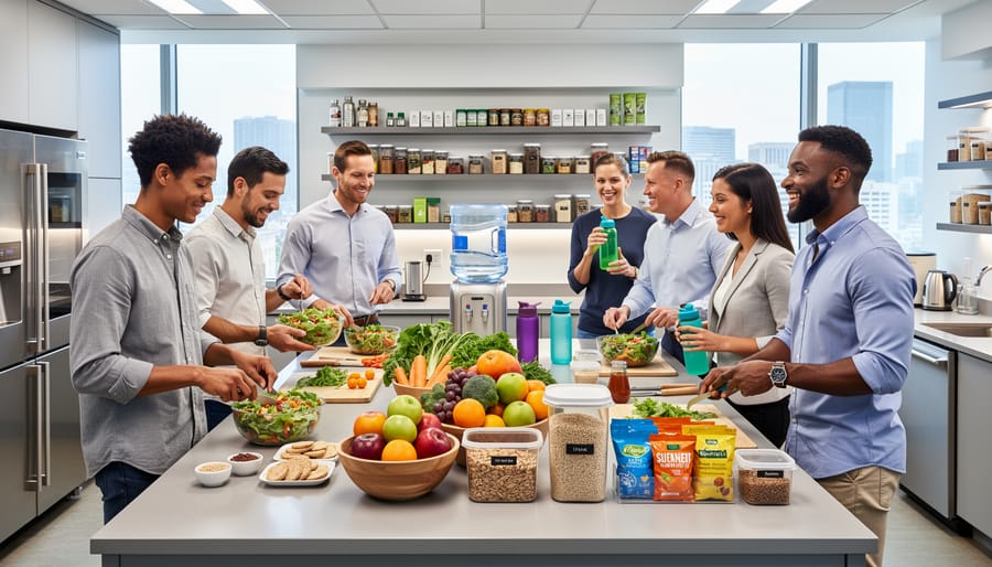 Employees preparing healthy meals together in modern workplace kitchen