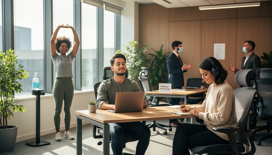 Professional woman practicing mindfulness meditation at home office workspace