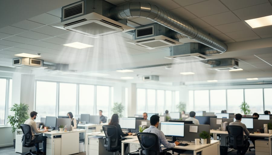 Modern workplace ventilation system with visible air circulation