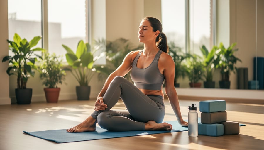 Woman practicing yoga in home studio with natural lighting