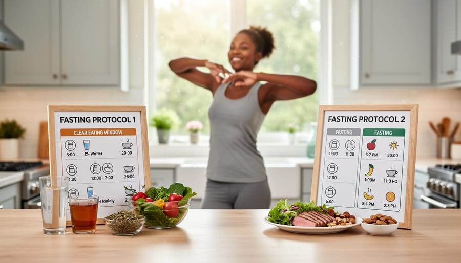 Active middle-aged woman checking fitness watch outdoors representing healthy fasting lifestyle