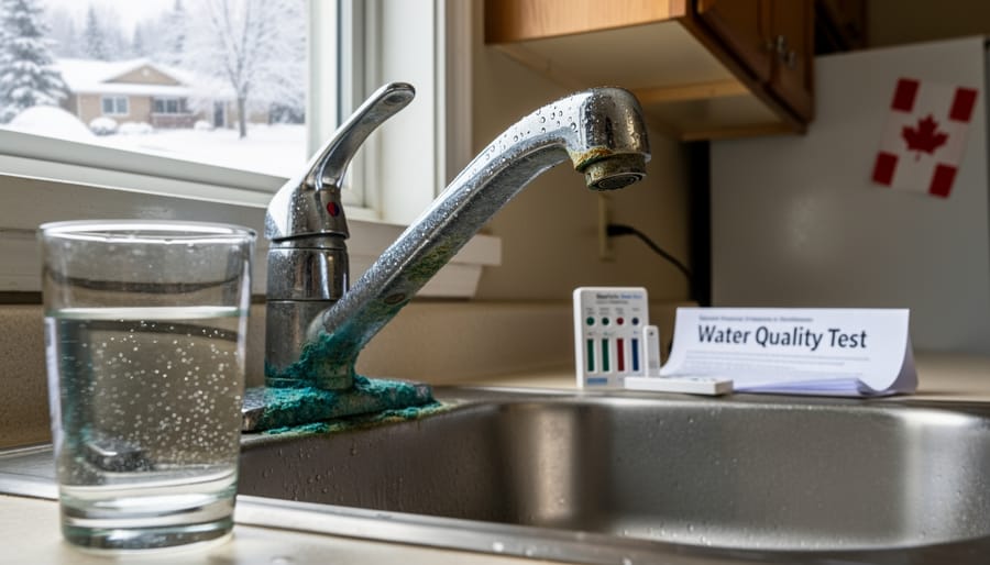 Corroded brass water faucet dripping water into a glass