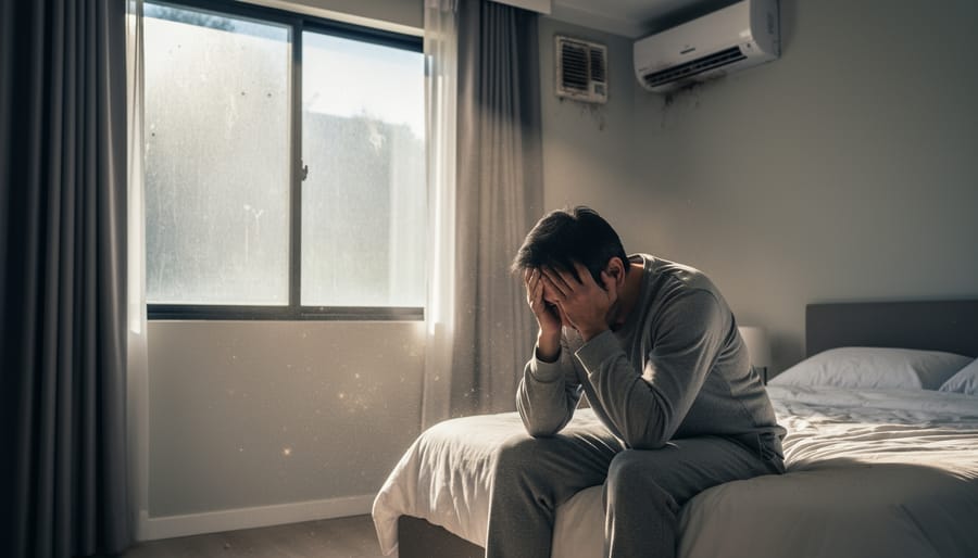 Tired woman sitting on bed in morning showing signs of fatigue from poor air quality