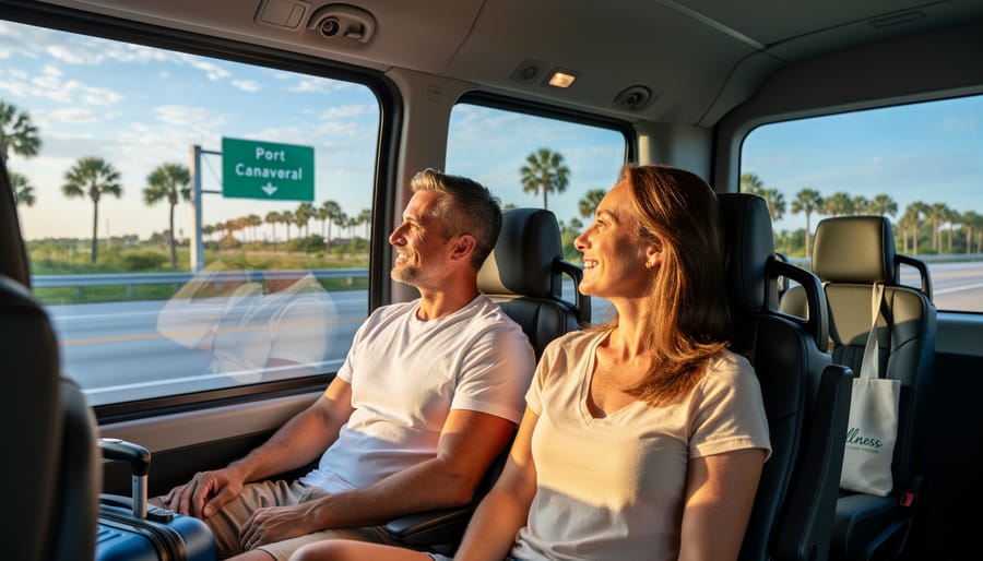 Travelers with luggage walking through bright modern airport terminal