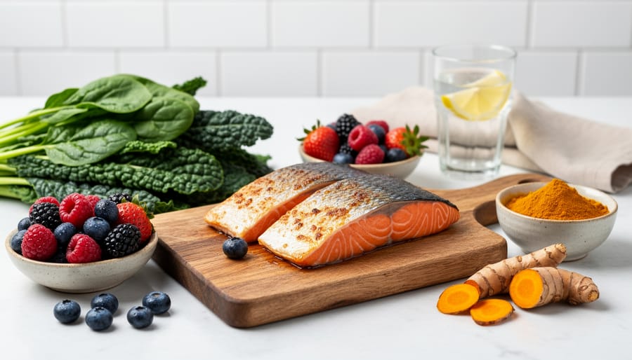 Anti-inflammatory foods including salmon, berries, ginger, turmeric, and leafy greens on cutting board