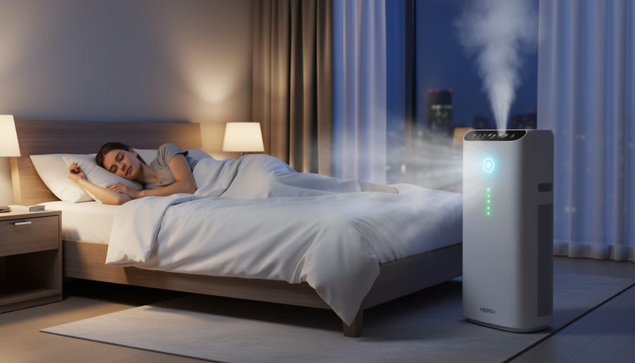 HEPA air purifier running on nightstand next to sleeping person in bedroom