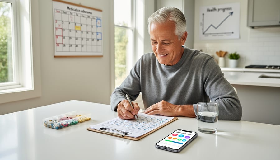 Person marking completed health task on kitchen calendar with healthy food in background