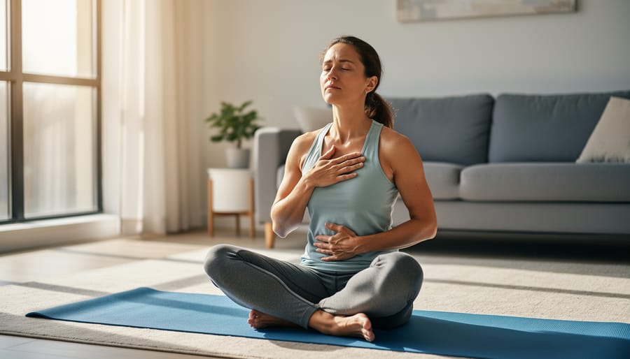 Person practicing breathing exercises in peaceful seated meditation position