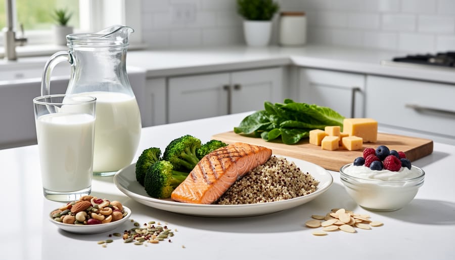Variety of calcium-rich foods including dairy, fish, leafy greens, and nuts arranged on table