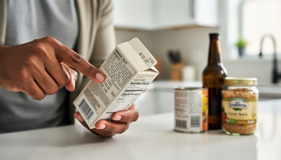 Close-up of hands examining product label and lot number on food package
