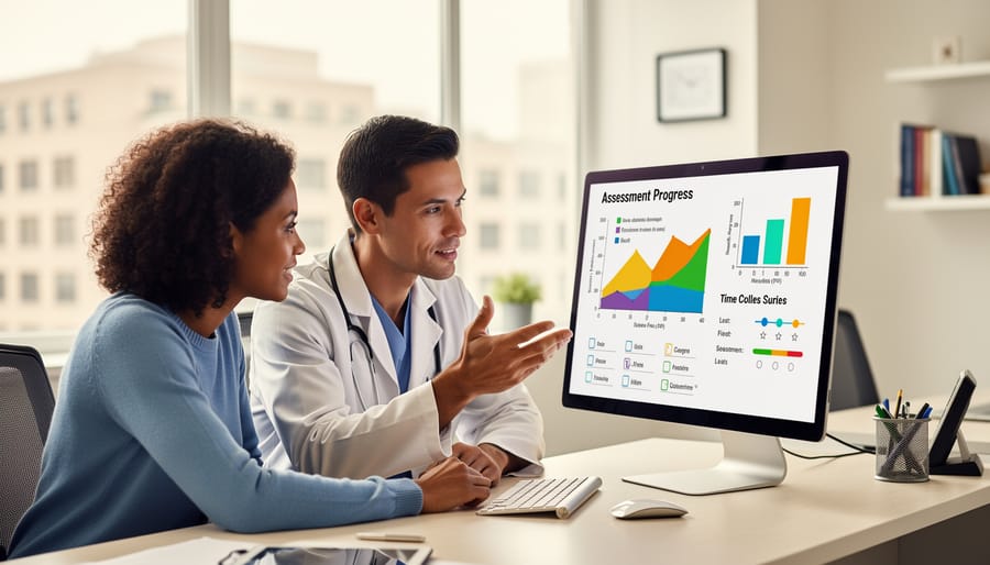 Therapist and patient collaborating while reviewing assessment results on tablet in therapy office