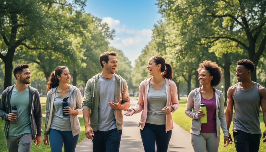 Group of people walking together on autumn forest trail