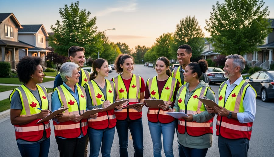 Diverse volunteers organizing community resources and donation boxes in community center