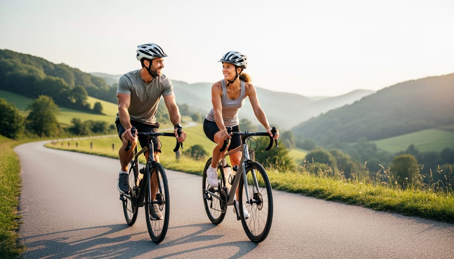 Couple cycling together along scenic coastal road