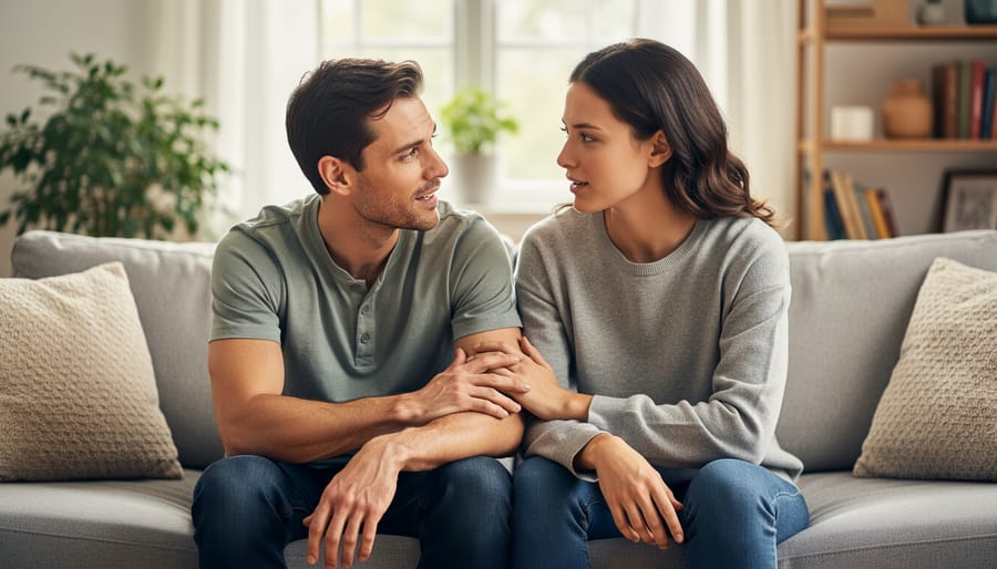 Couple having supportive conversation on couch with woman listening attentively to man