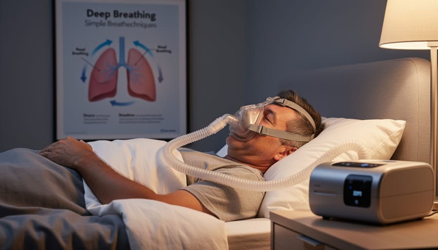 Person sleeping with CPAP device in comfortable bedroom setting