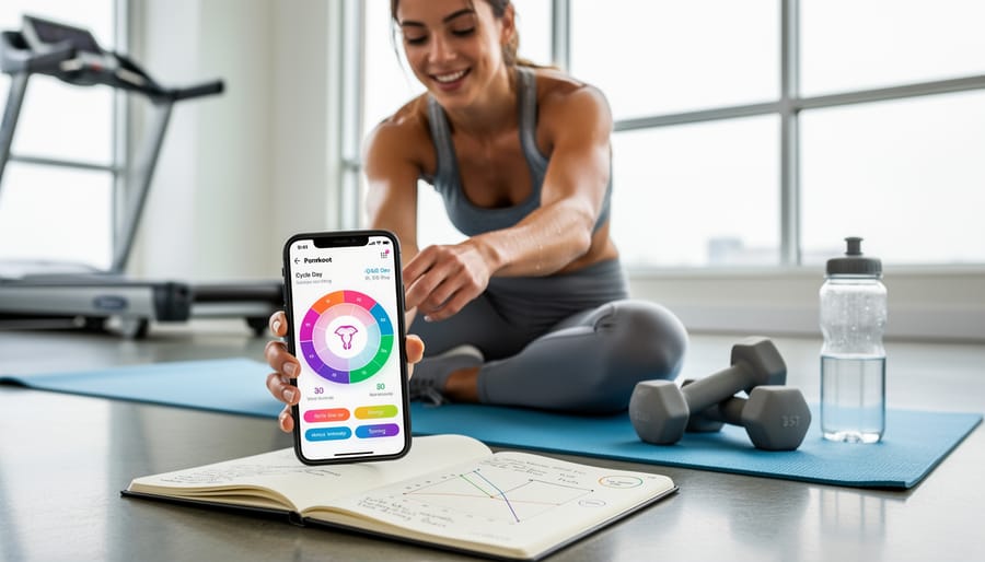 Athletic woman checking fitness tracker in gym while holding water bottle