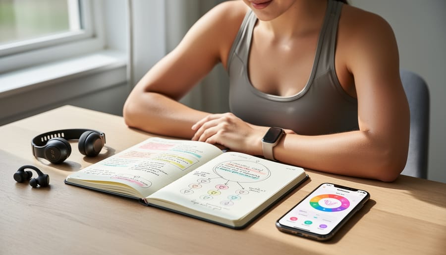 Hands writing in fitness journal beside smartphone showing cycle tracking app and workout equipment