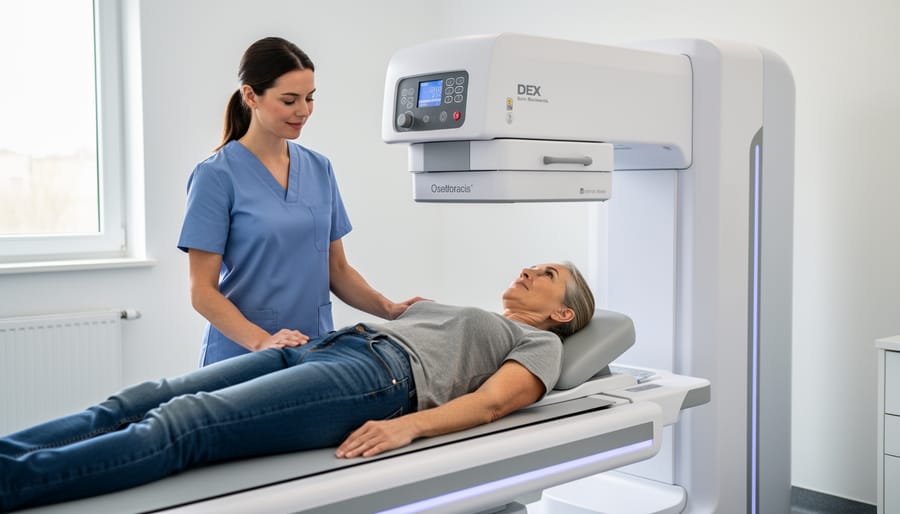 Woman lying on DEXA bone density scanning machine during medical examination