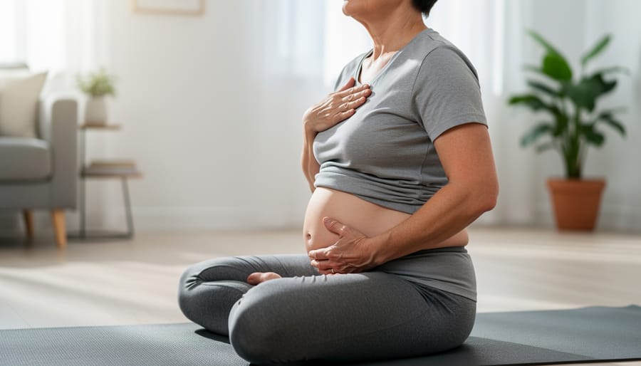 Close-up of hands resting on abdomen demonstrating diaphragmatic breathing position