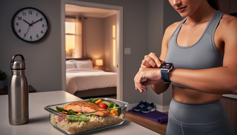 Healthy breakfast with oatmeal and berries beside alarm clock in morning sunlight