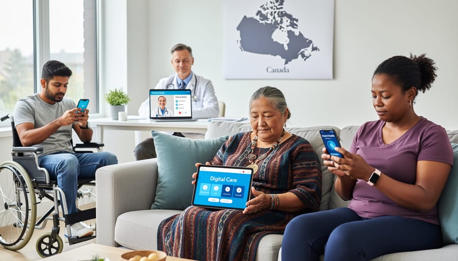 Diverse group of people using digital health technology in modern wellness environment