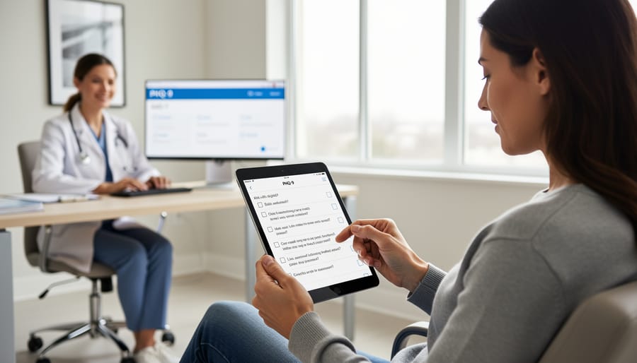 Person completing mental health assessment questionnaire on smartphone
