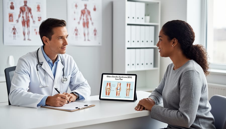 Medical professional examining patient during clinical consultation for EDS evaluation