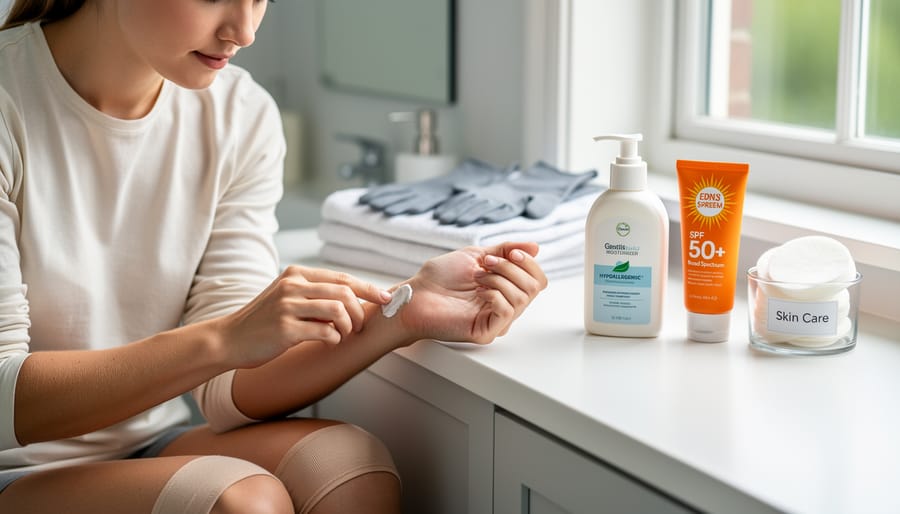 Person applying protective moisturizer to arm as part of daily skin care routine