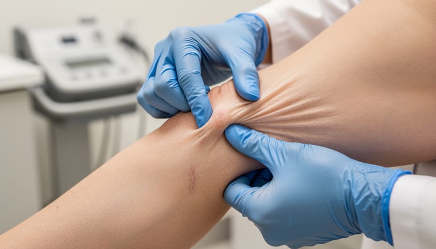 Close-up of arm showing loose, fragile skin texture characteristic of EDS Type 7