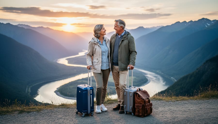 Mature couple with backpacks enjoying mountain vista during hiking trip