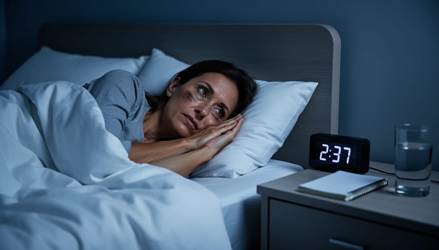 Woman lying awake in bed at night unable to sleep