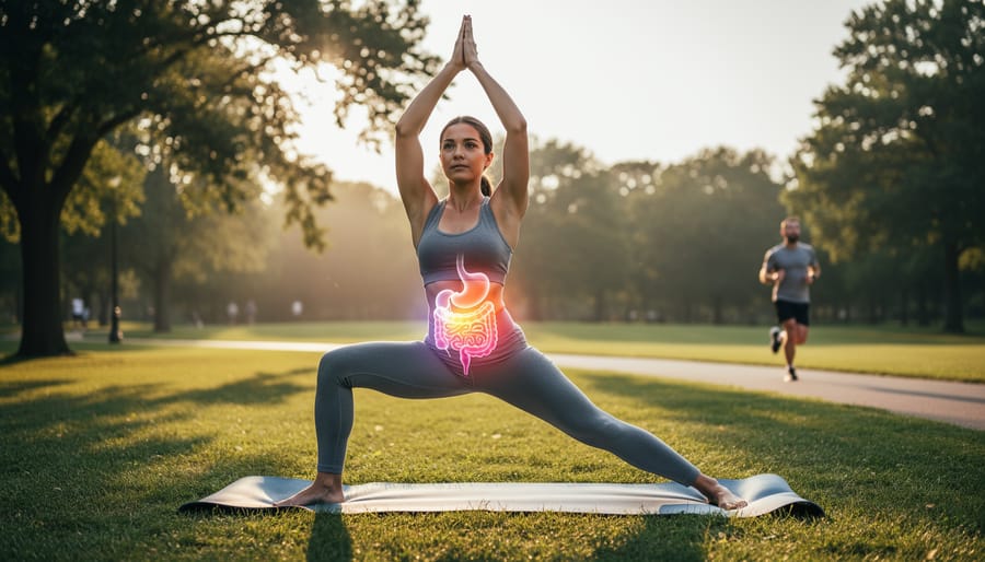 Man doing yoga stretches outdoors in forest during sunrise as part of holistic wellness routine