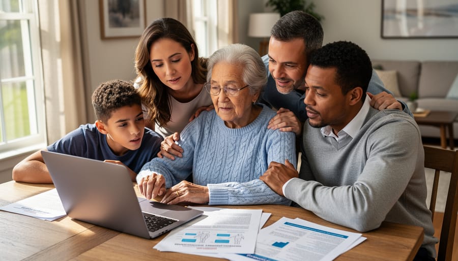Senior woman and adult daughter reviewing medical information together at kitchen table