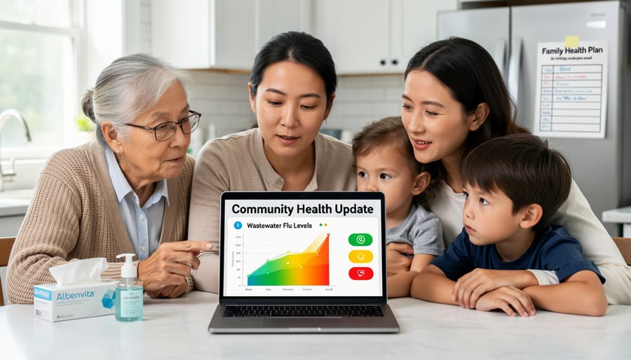 Multi-generational family reviewing health information together on tablet at home